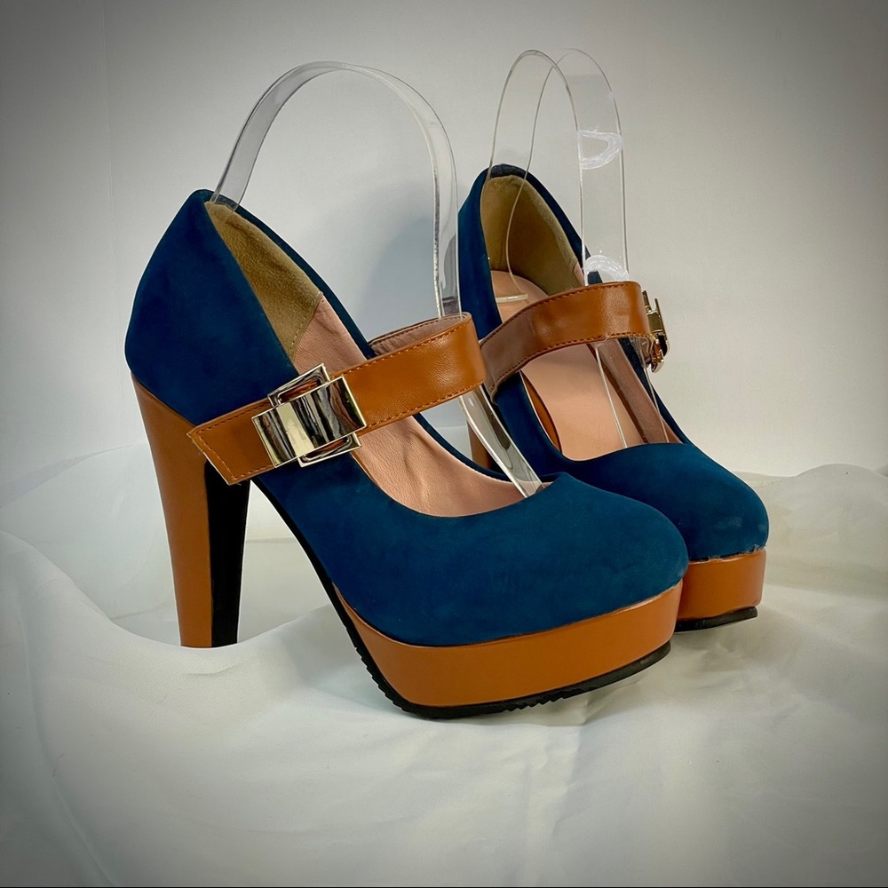 Blue Mary Jane Platform Shoes, Sz 6
